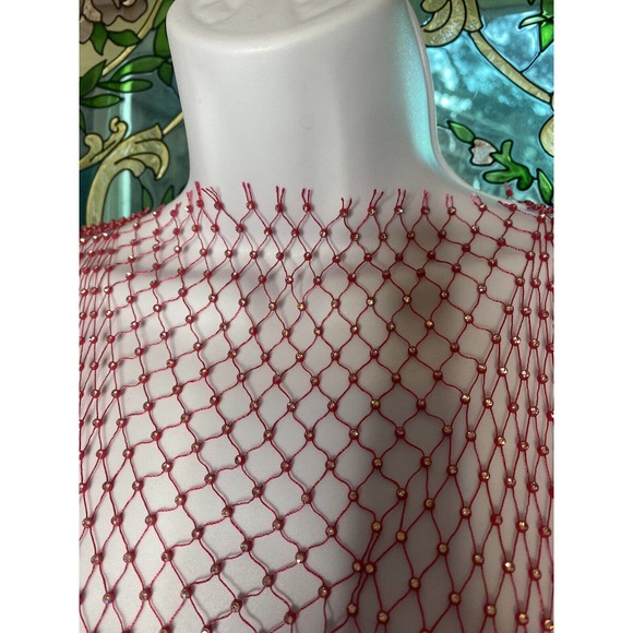 Red Top Sleeveless Rhinestone Wide Mesh Shell Tank Embellished Netting Holiday - Picture 4 of 6